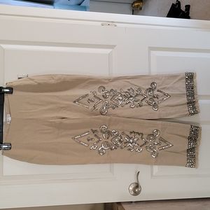 Venus Beige Embellished Beaded Sequin Cotton Linen Pants Size 4 NWT